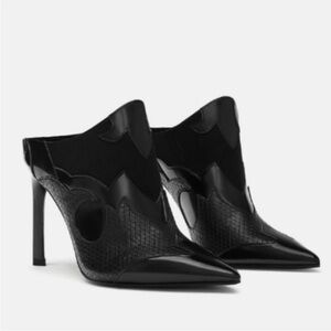 Zara Cowboy Mule Heels Black Size 6.5